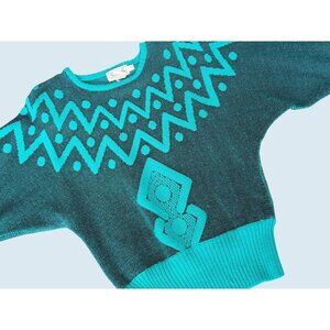 Vintage 80s 90s Geometric Design Sweater Teal Size Small